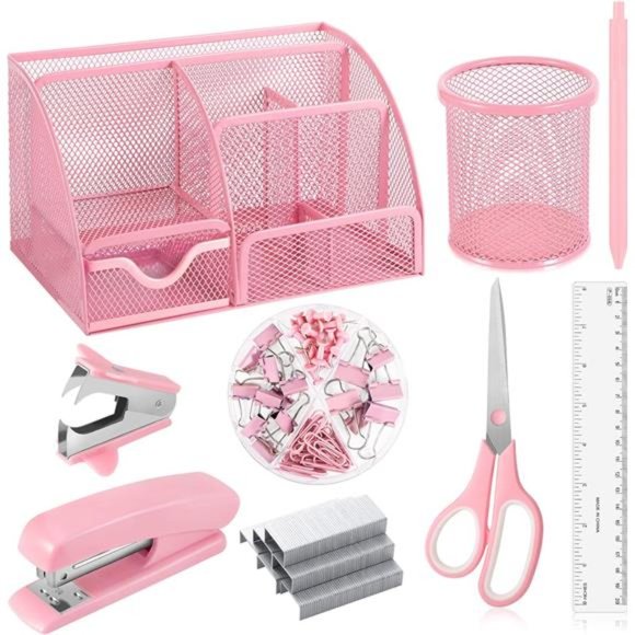 9 in 1 Pink Desk Organizers and Accessories Set, Pink Gifts Mesh Desk Organizer - Picture 3 of 7